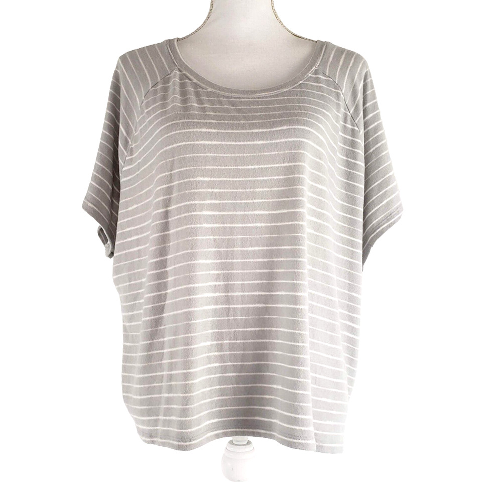 NEW!! Ambrielle SIZE L Gray Striped Soft Short Sleeve Pajama Sleepwear Shirt Top